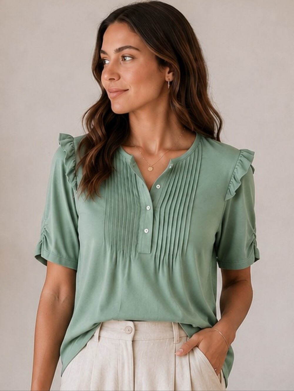 Pleated Ruffle Sleeve Blouse - Sage Green